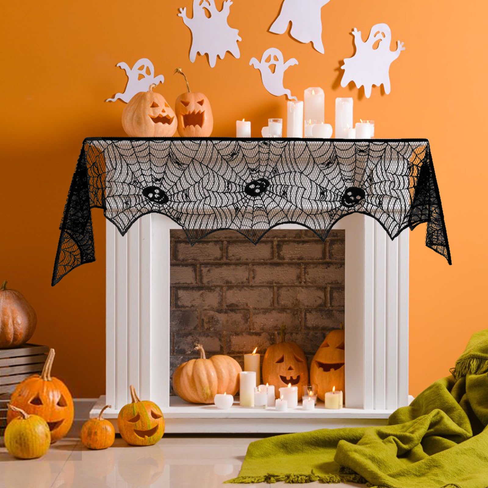 Habbiful Halloween Mantle Scarf for Table Window Indoor Curtain Kitchen Decoration Halloween Mantle Cover Black Lace Spiderweb Mantle Scarf for Halloween Fireplace Gothic Party Home Decoration