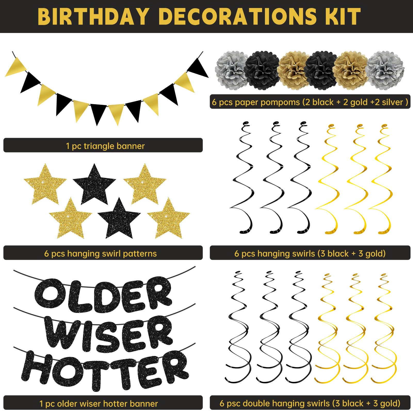 Turypaty Older Wiser Hotter Triangle Flag Birthday Banner Decorations Kit- Black Gold Glitter Birthday Decors for Men Women 30th 40th 50th 60th 70th 80th Paper Pompoms, Hanging Swirls Party Supplies