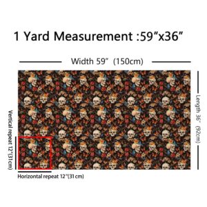 Feelyou Sugar Skull Fabric by The Yard 2 Yards Botanical Flowers Print Decorative Waterproof Outdoor Fabric Butterfly Gothic Skeleton Upholstery Fabric Halloween Themed DIY Reupholstery Fabric