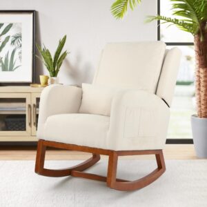 DAGONHIL Glider Chair Nursery Rocking Chair, High Back Armchair with Side Pocket, Upholstered Accent Chair with Rubber Wood Legs and Pillow, Flannel Chair for Living Room/Bedroom/Nursery, Beige