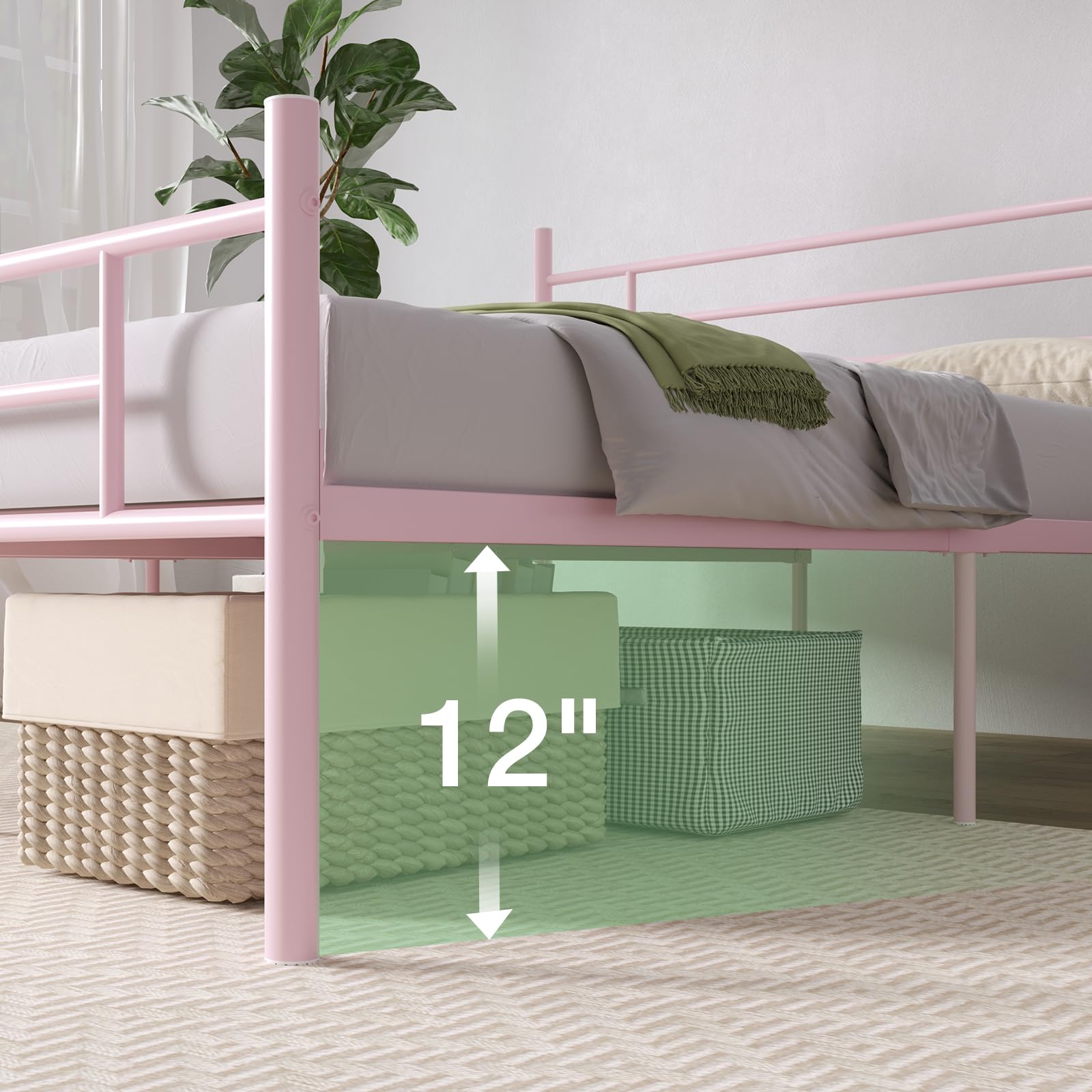 Novilla Full Size Bed Frame with Headboard and Footboard, 14 Inch Metal Platform Bed Frame with Under Bed Storage, No Box Spring Needed, Strong Metal Slats Support, Pink