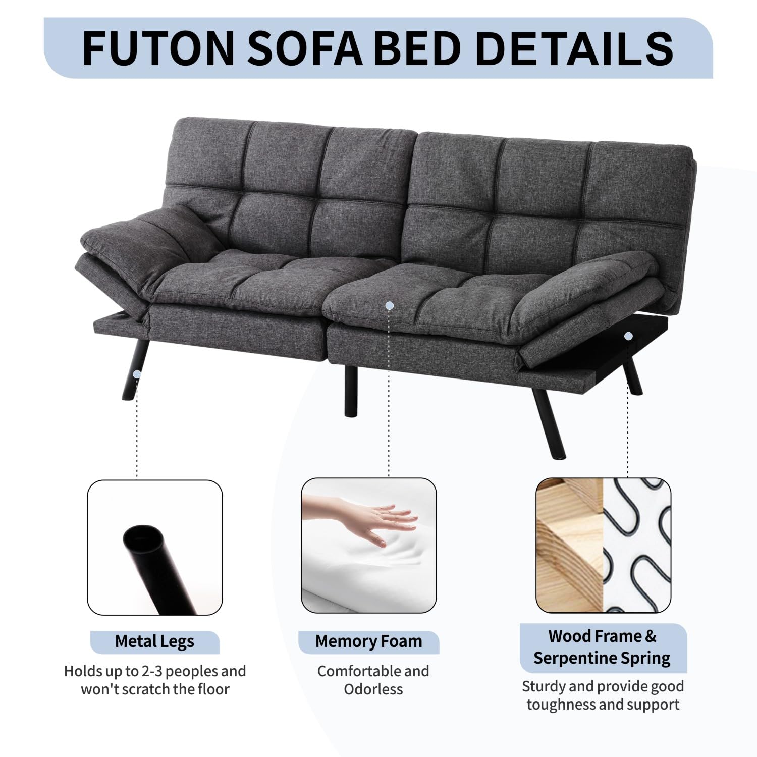 MUUEGM Futon Sofa Bed Couch Memory Foam Futon Bed Convertible Sofa Sleeper,Modern Love seat Splitback Sofa for Living Room,Office,Small Space,Apartment,Adjustable Backrests Armrests,71",Dark Grey