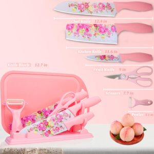 VSIAISV Kitchen Knife Set, Pink Flower 7-pieces Stainless Steel Sharp Chef Cooking Non-slip Knife Set with Acrylic Stand & Block, Non-stick Colorful Coating for Women and family (Pink)