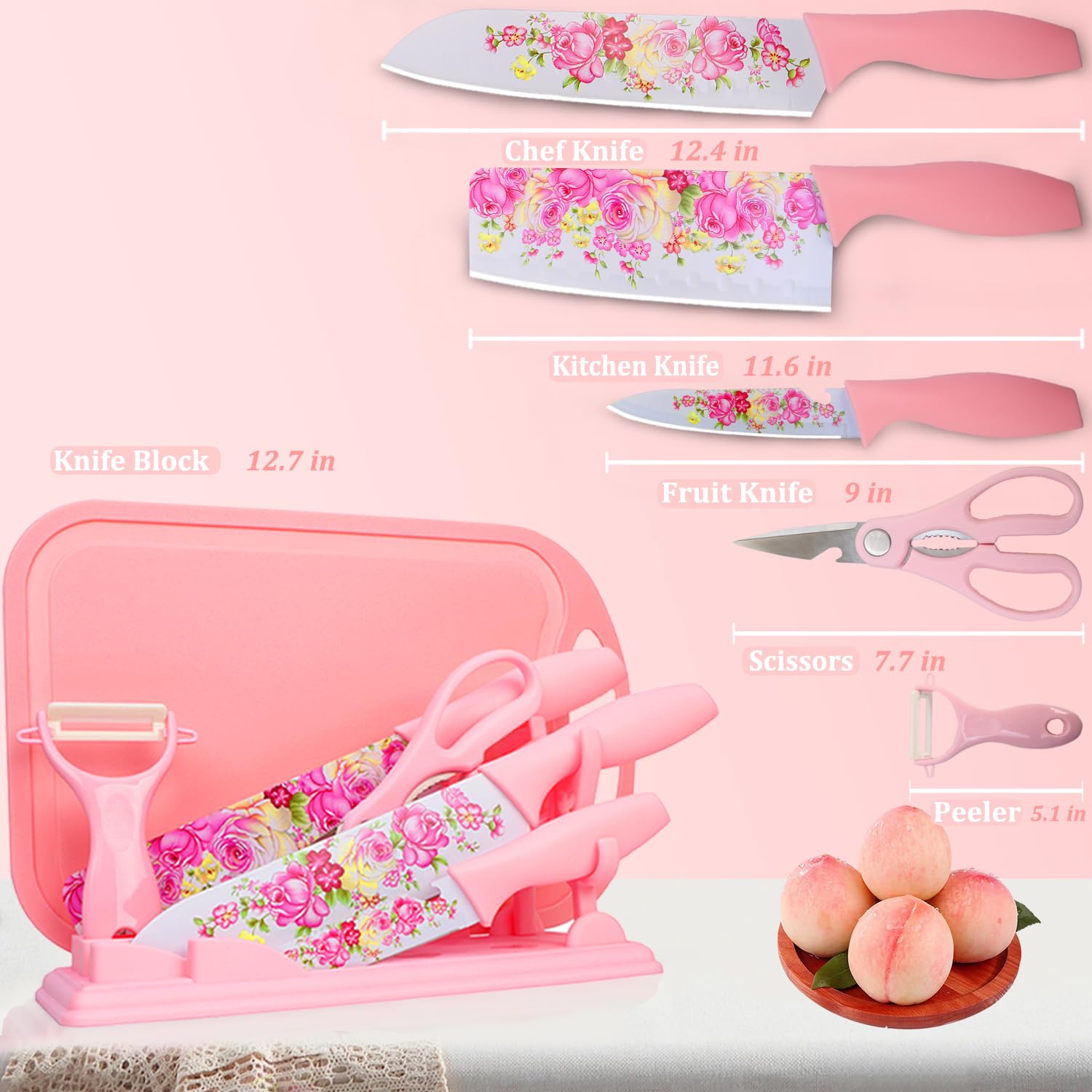 VSIAISV Kitchen Knife Set, Pink Flower 7-pieces Stainless Steel Sharp Chef Cooking Non-slip Knife Set with Acrylic Stand & Block, Non-stick Colorful Coating for Women and family (Pink)