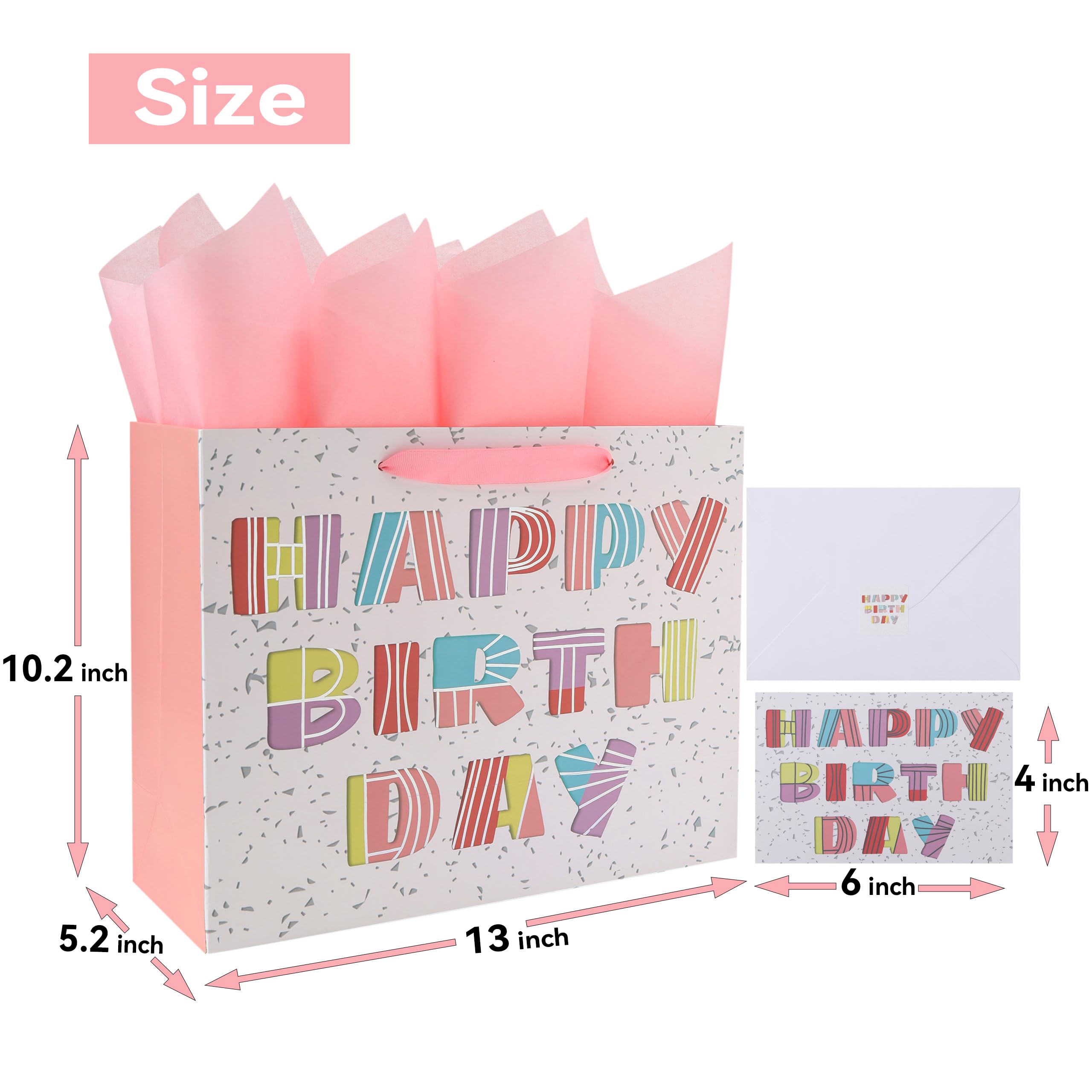 13” Large Colorful Happy Birthday Gift Bag Set with Handles, Greeting Card, Tissue Papers and Stickers for Women Girls, Silver Foil Accents Design, 1 Pcs