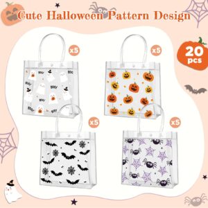 Aliceset 20 Pcs Halloween Clear Gift Bags with Handles Trick or Treat Plastic Bags Cute Pumpkin Halloween Tote Bag for Ghost Spider Party Favor Bags for Halloween Party Gifts Supplies, 8x8x3.15 Inch