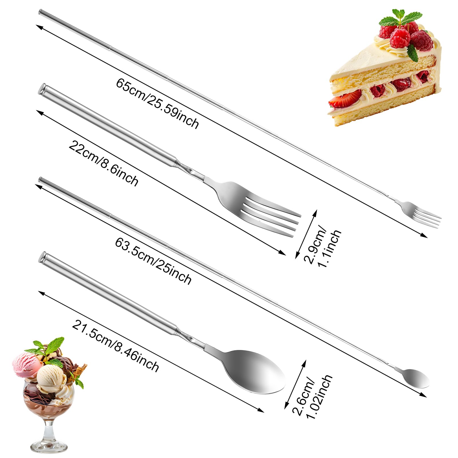 Gjinxi 2PCs Extendable Fork and Spoon, Long Handle Telescoping Fork, Stainless Steel Retractable Fork, Food-Grade Metal Tableware, Spoon and Fork Extender Set for Dinner Fruit Dessert BBQ