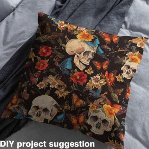 Feelyou Sugar Skull Fabric by The Yard 2 Yards Botanical Flowers Print Decorative Waterproof Outdoor Fabric Butterfly Gothic Skeleton Upholstery Fabric Halloween Themed DIY Reupholstery Fabric