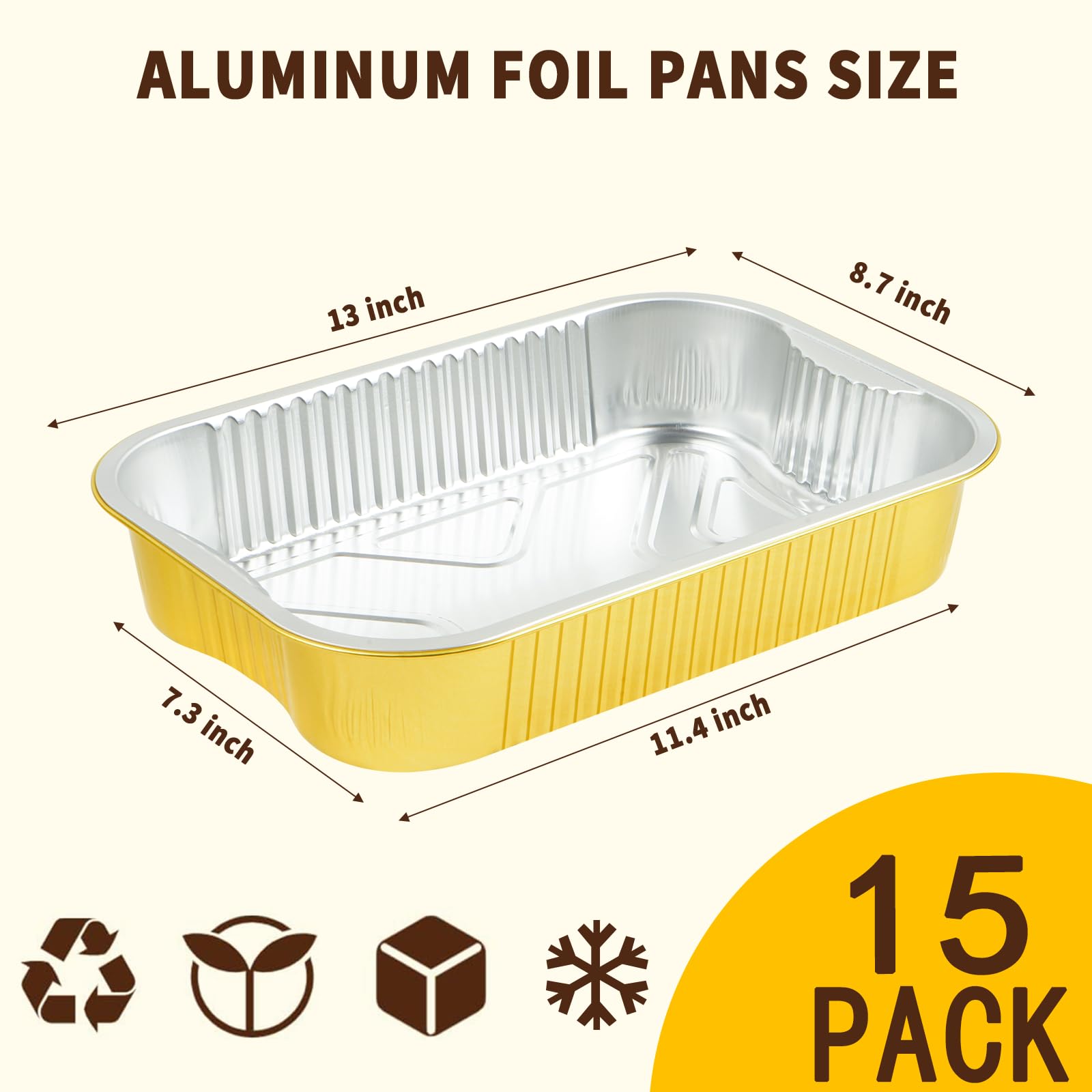 Aluminum Pans with Lids Half Size 9x13 Extra Heavy Duty (15 Pack + 15 Lids), Disposable Gold Aluminum Foil Baking Pan Double Thick Tin Foil Food Container with Lids for Baking, Heating, Meal Prep