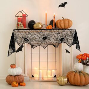 Habbiful Halloween Mantle Scarf for Table Window Indoor Curtain Kitchen Decoration Halloween Mantle Cover Black Lace Spiderweb Mantle Scarf for Halloween Fireplace Gothic Party Home Decoration