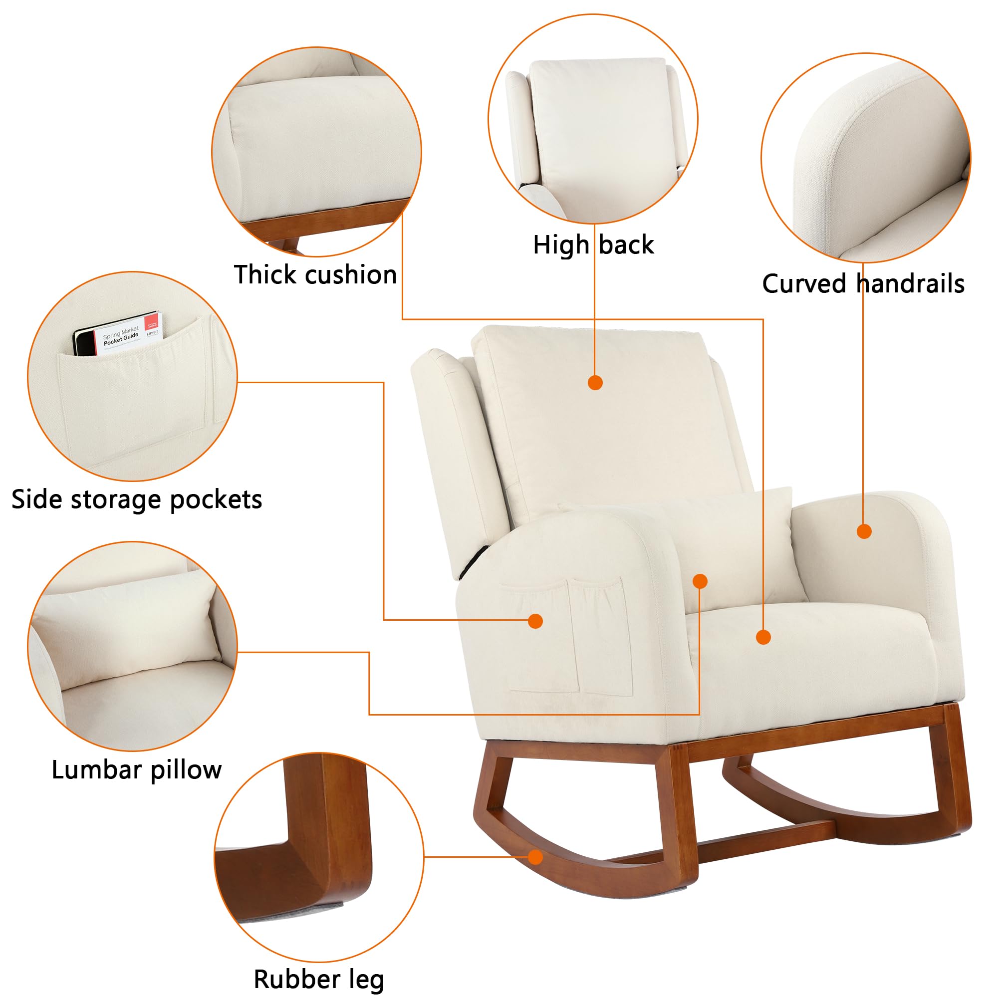 DAGONHIL Glider Chair Nursery Rocking Chair, High Back Armchair with Side Pocket, Upholstered Accent Chair with Rubber Wood Legs and Pillow, Flannel Chair for Living Room/Bedroom/Nursery, Beige