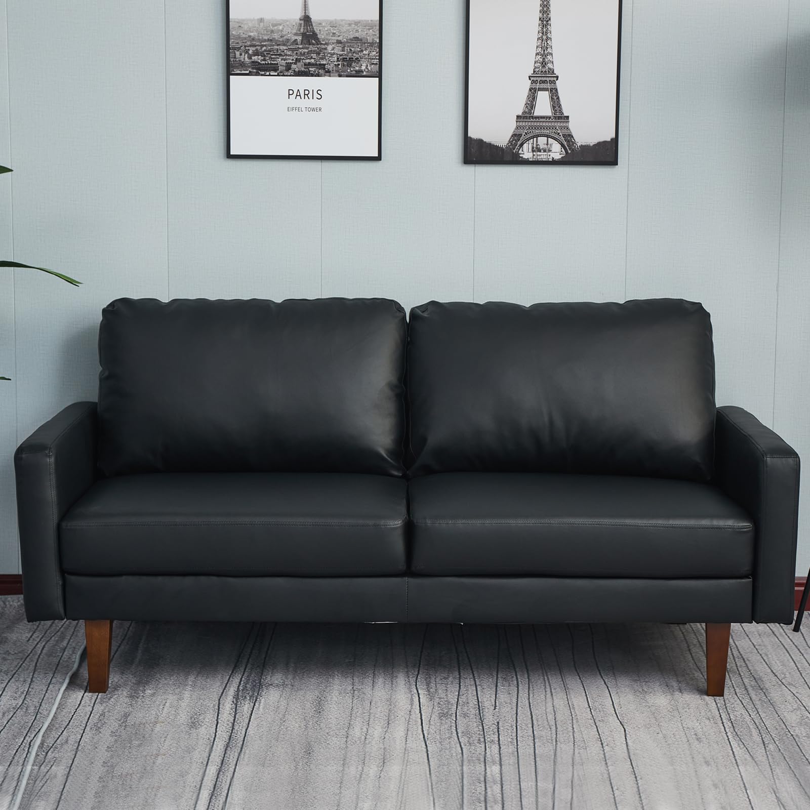 INSTORY Leather Sofa Modern Couch with Wooden Legs for Living Room, Office-Black