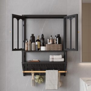 LURIVA Metal Bathroom Wall Cabinet with Towel Bar & Hooks, Medicine Cabinet for Bathroom, Modern Industrial Wall Cabinet, Over The Toilet Storage Cabinet, Kitchen Cabinet Wall Mount, Black