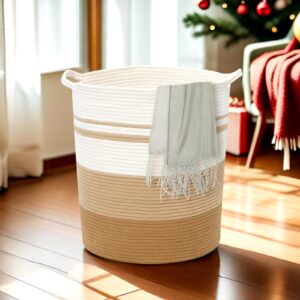 tall laundry baskets with sturdy handles, blanket basket, 80l large dirty clothes hamper, cotton rope basket for blanket, toys, pillows, in living room, bathroom, bedroom