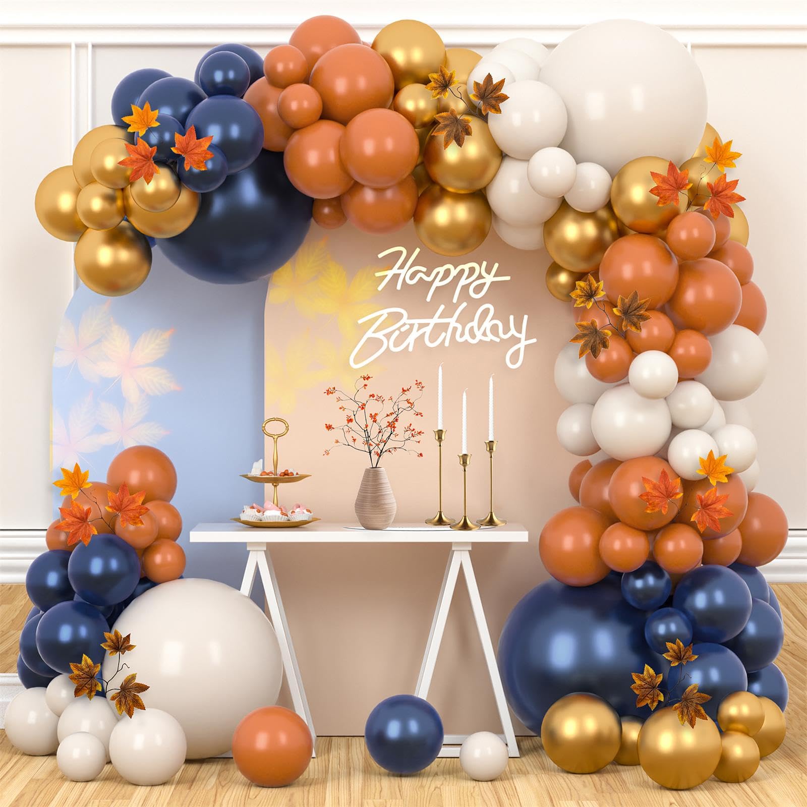 Fall Balloon Arch Kit Navy Blue Orange Sand White Metallic Gold Balloons Garland Maple Leaves for Thanksgiving Birthday Baby Shower Wedding Party Decorations