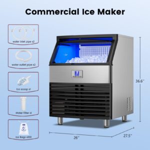 Commercial Ice Machine, 450 Lbs/24H, Under Counter Ice Machine with 120 Lbs Storage, Stainless Steel Freestanding ice Maker Machine Ice Cube Ready in 8-12 Mins, Self Cleaning with Water Filter