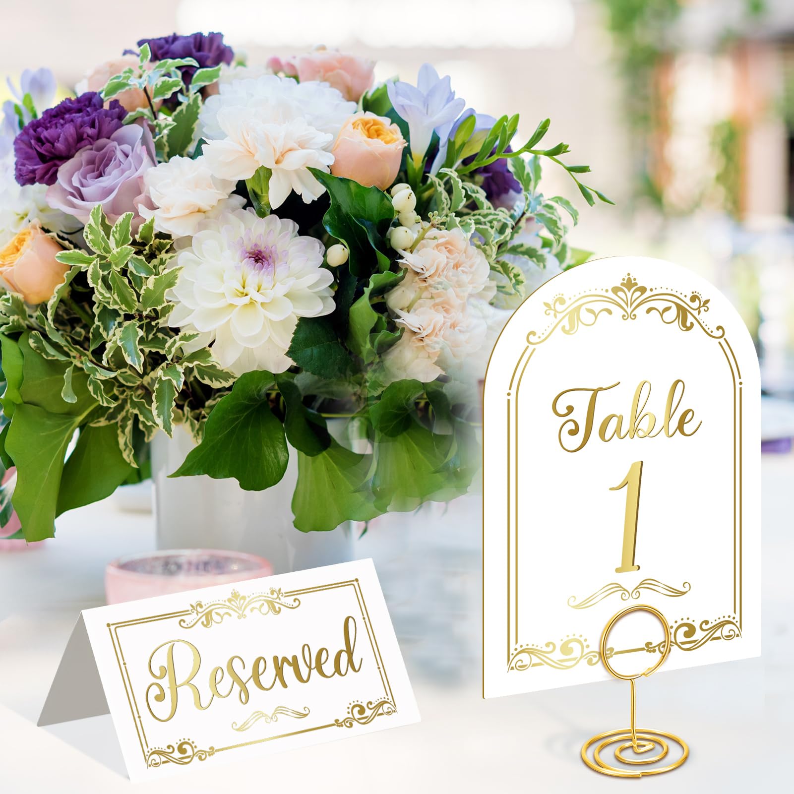 ZhouBoat 31 Sets Arch Gold White Table Number Cards with Holders and Reserved Seating Signs, Double Sided Gold Foil Table Number 1-30 and Head Table 4x6 Inch Birthday Wedding Reception Table Signs