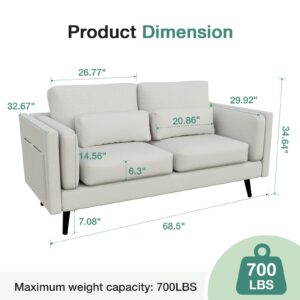 Novilla 68.5 Inch Modern Loveseat Sofa Couches, Small Sofa with 2 Waist Pillows, Natural Linen Upholstered Couch for Living Room, Bedroom and Apartment, Solid Wood Frame, Easy to Install, White