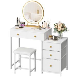 DSAFGGY Vanity Desk with Lighted Mirror and Stool, Makeup Vanity with 5 Drawers(3 Fabric), 3 Lighting Modes LED Mirror, Vanity Table for Bedroom Dresser Vanity Set, Girls Women Gift, White, 40.4" W