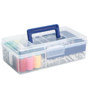 2 layer plastic dividing storage box with removable tray, portable stationery storage container with handle, multipurpose sewing box, art craft supply organizer for crayon cosmetic tackle medicine