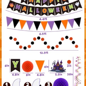 Oomloid Halloween Party Decorations Indoor - Happy Halloween Banner, Hanging Swirl Streamers, Halloween Sign Triangle Flag Bunting Halloween Supplies for Trunk or Treat Decorations