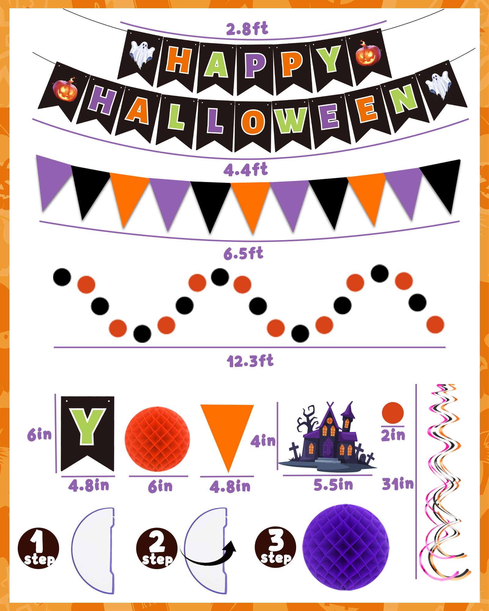 Oomloid Halloween Party Decorations Indoor - Happy Halloween Banner, Hanging Swirl Streamers, Halloween Sign Triangle Flag Bunting Halloween Supplies for Trunk or Treat Decorations