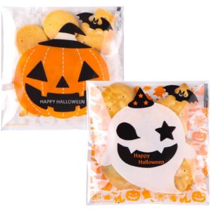 100pcs halloween cellophane treat bags goodie bags self adhesive candy bags self sealing clear cellophane bags trick or treat bags bulk (orange white)