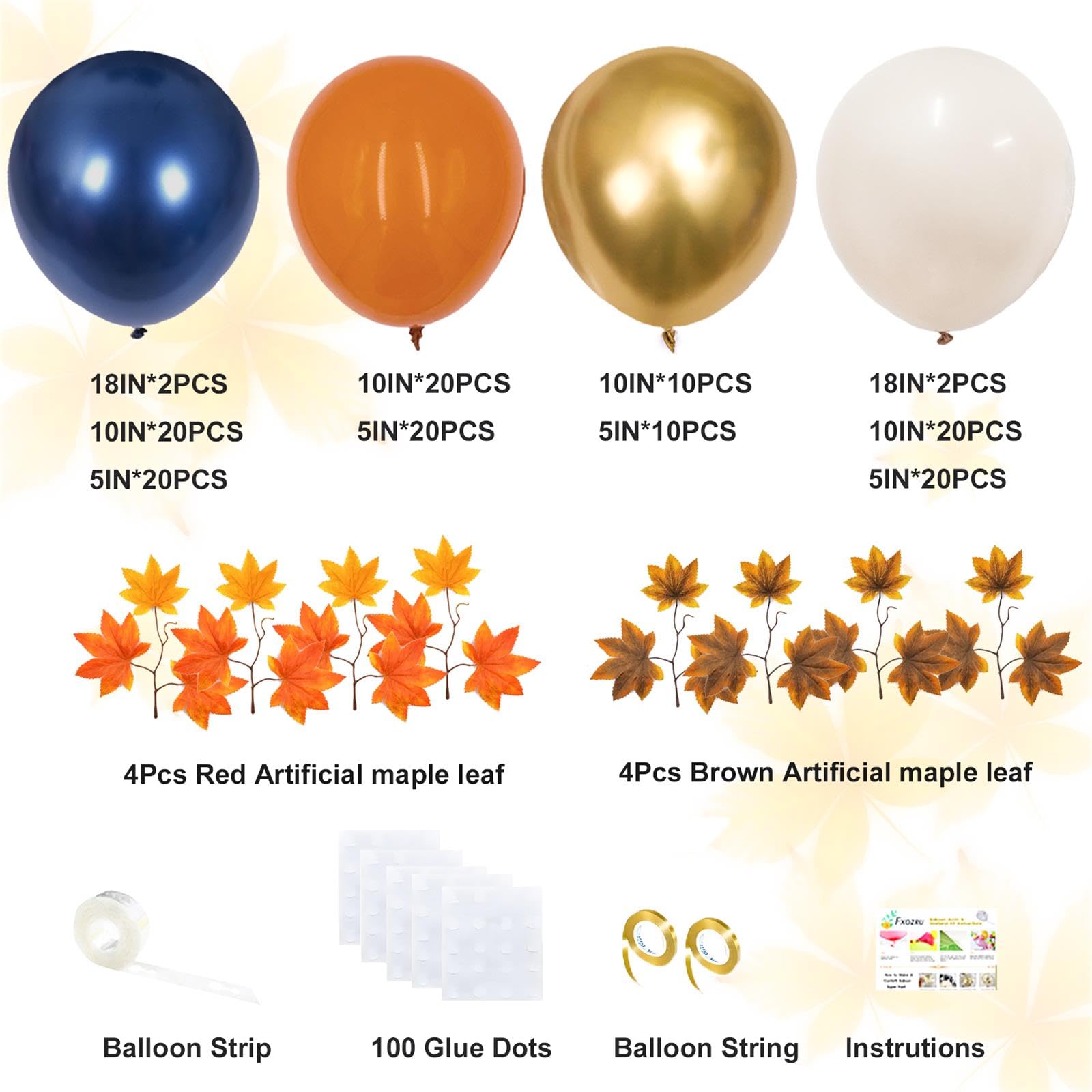 Fall Balloon Arch Kit Navy Blue Orange Sand White Metallic Gold Balloons Garland Maple Leaves for Thanksgiving Birthday Baby Shower Wedding Party Decorations