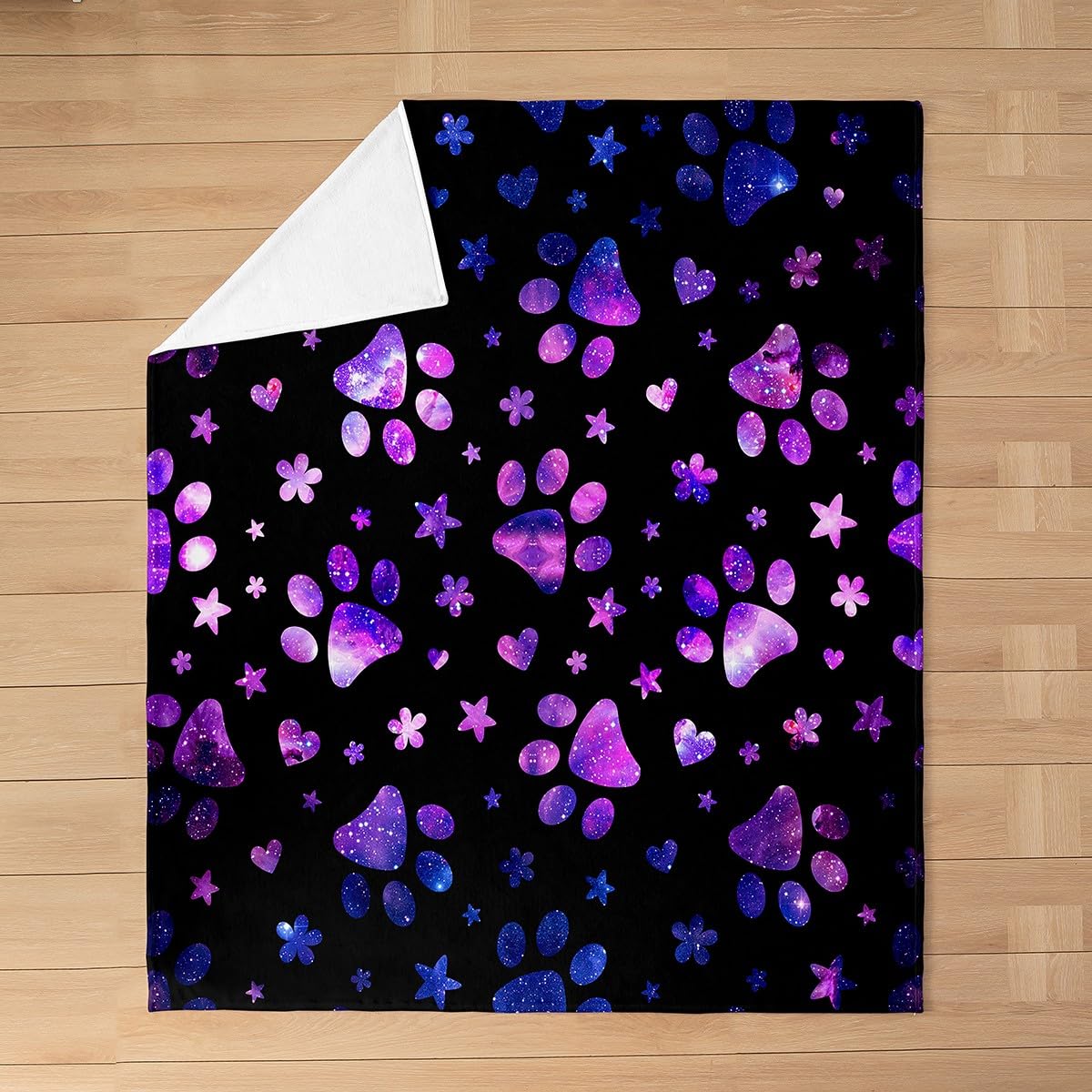 Feelyou Dog Paw Print Flannel Fleece Throw Blanket for Bed Sofa Couch Kids Queen 90"x90" Purple Galaxy All Season Bed Blanket Room Decorative Puppy Pets Animal Themed Fuzzy Blanket Cute Cartoon