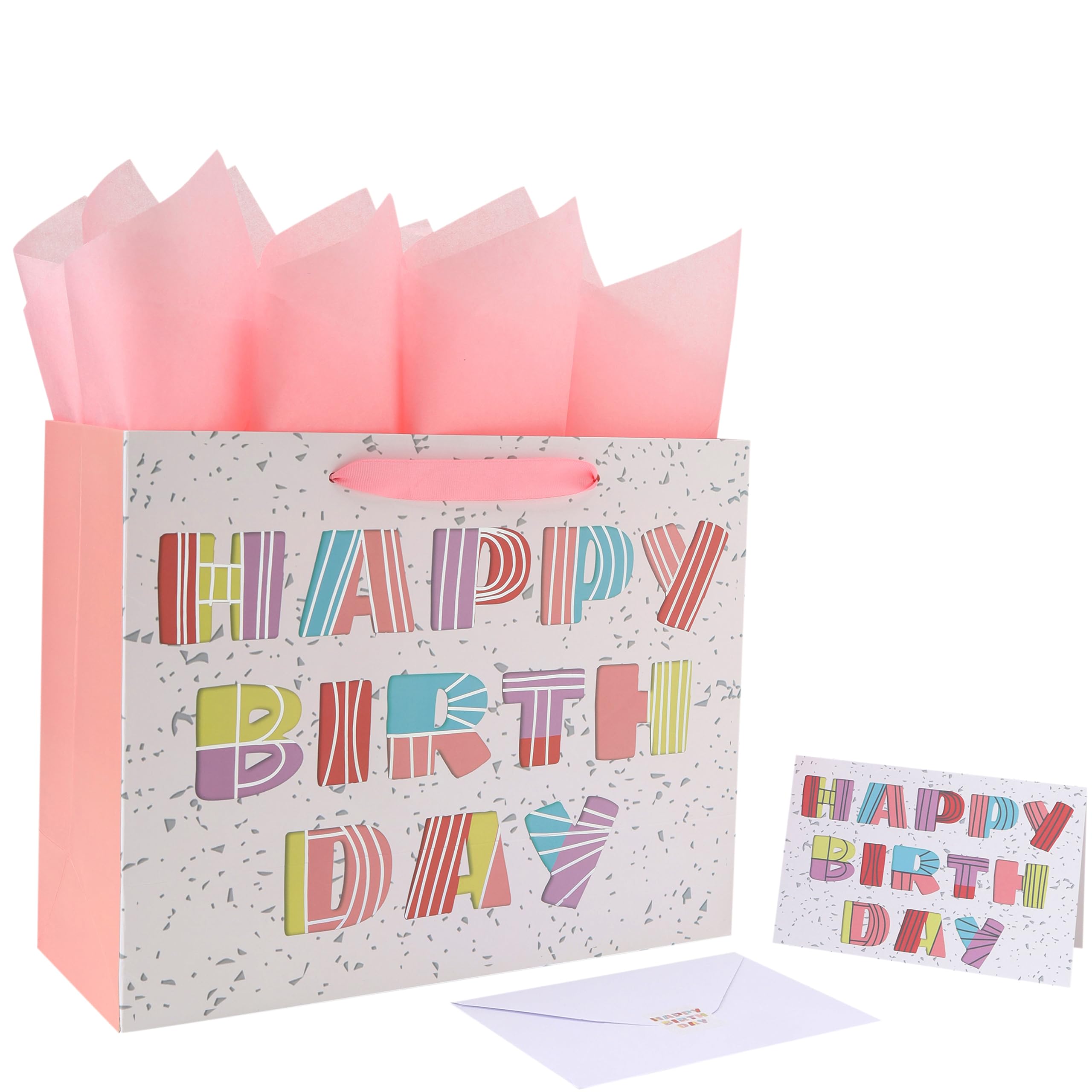 13” Large Colorful Happy Birthday Gift Bag Set with Handles, Greeting Card, Tissue Papers and Stickers for Women Girls, Silver Foil Accents Design, 1 Pcs