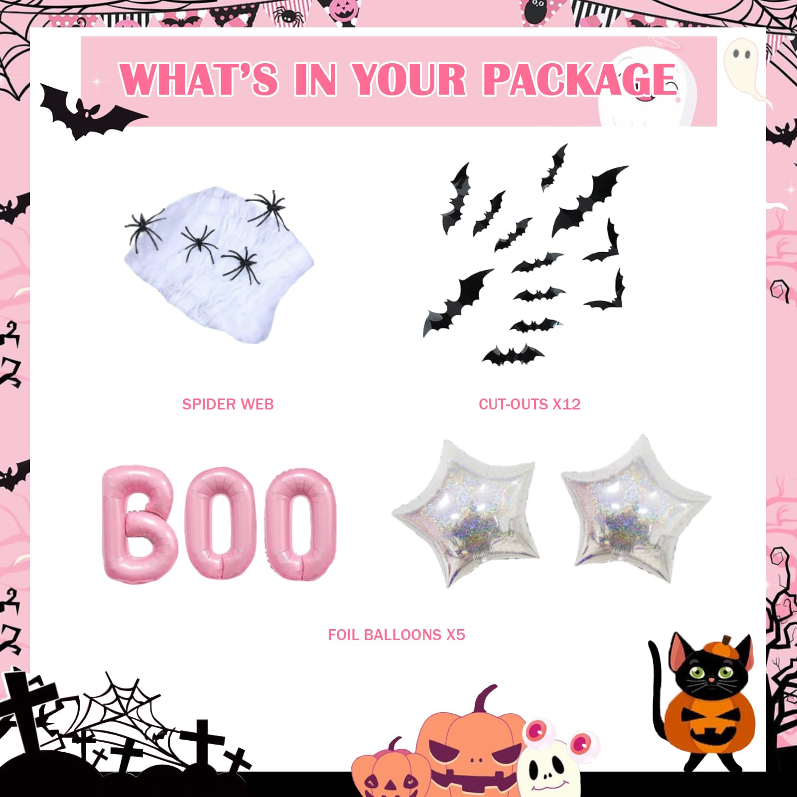 Fiesec Pink Halloween Balloon Garland Arch Kit, Halloween Themed Party Decorations with BOO Foil Balloons Spider Web Bat Ghost, Happy Boo Day Halloween Indoor Outdoor Yard Home Room Décor