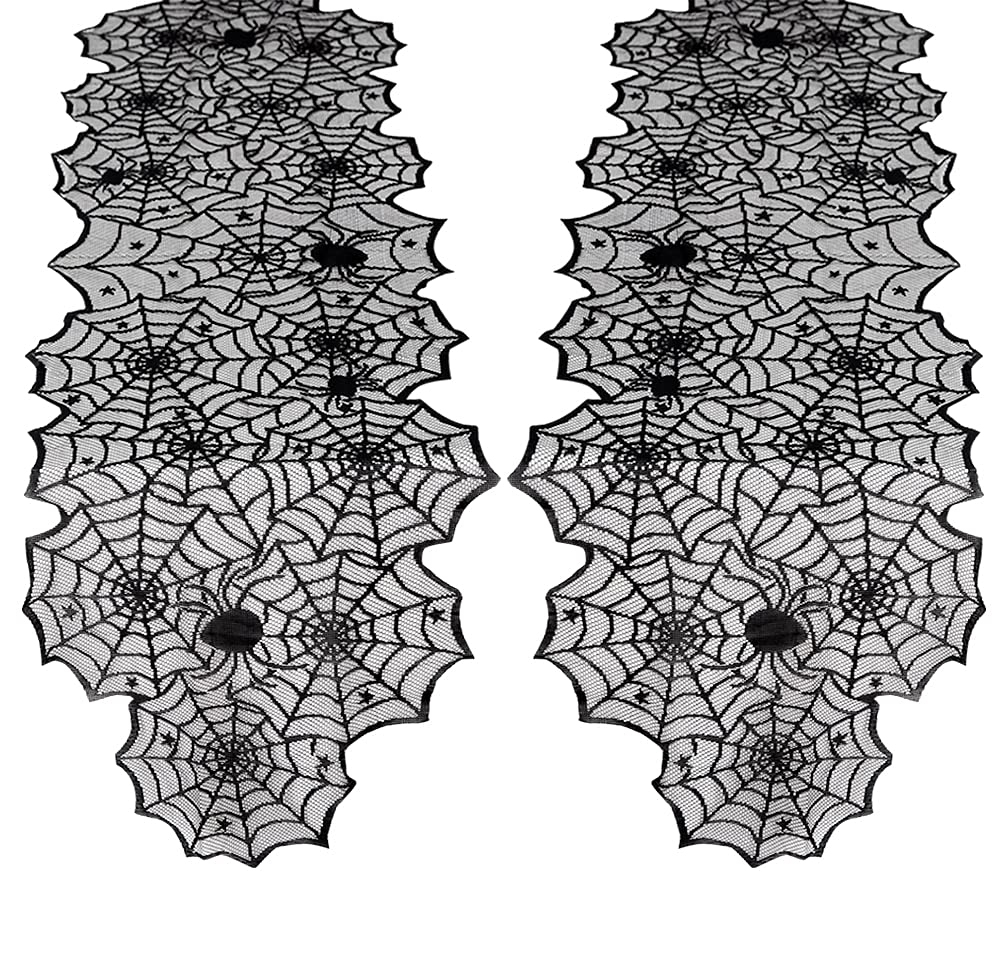 Black Halloween Table Runner Decor: Spider Web Black Table Linens 2 Packs 18 x 72 Inches Lace Runners for Halloween Party Dinner Fireplace Supplies