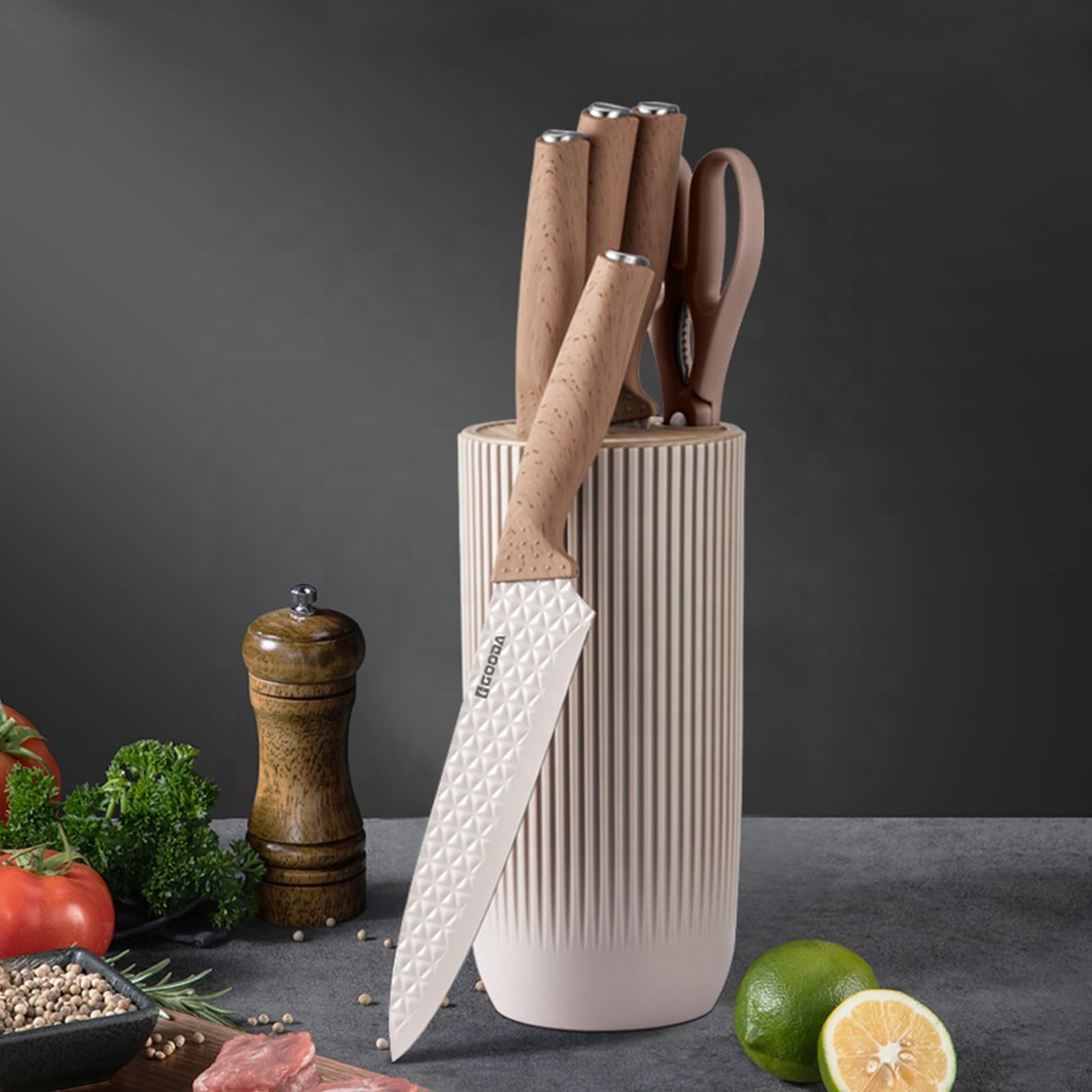 Knife Set, 6-Pieces Kitchen Knife Set for Chef,Wooden Coating Knife Set, Stainless Steel Non-stick Non-slip Super Sharp Blade Chef Knife Set with Block Suitable for Gift(Khaki)