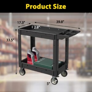 Plastic Tool Cart on Wheels, 2-Shelf Utility Service Cart (40" x 17"), 550lbs Heavy Duty Rolling Work Cart with 360° Swivel Wheels and Ergonomic Handle for Garage Warehouse Workshop, Black