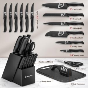 Emojoy Knife Set, 16 Pieces Black Knife Set for Kitchen with 3-Stage Professional Sharpener and Cutting Board, Super-Sharp High Carbon Stainless Steel Kitchen knives, Ergonomic Handle, All Black