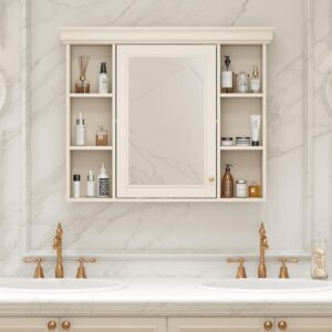 LUMISOL Wall Mounted Bathroom Storage Cabinet with Mirror Door, Modern Bathroom Wall Cabinet with 6 Open Storage Shelves, Wooden Medicine Cabinet for Bathroom, Living Room, Beige