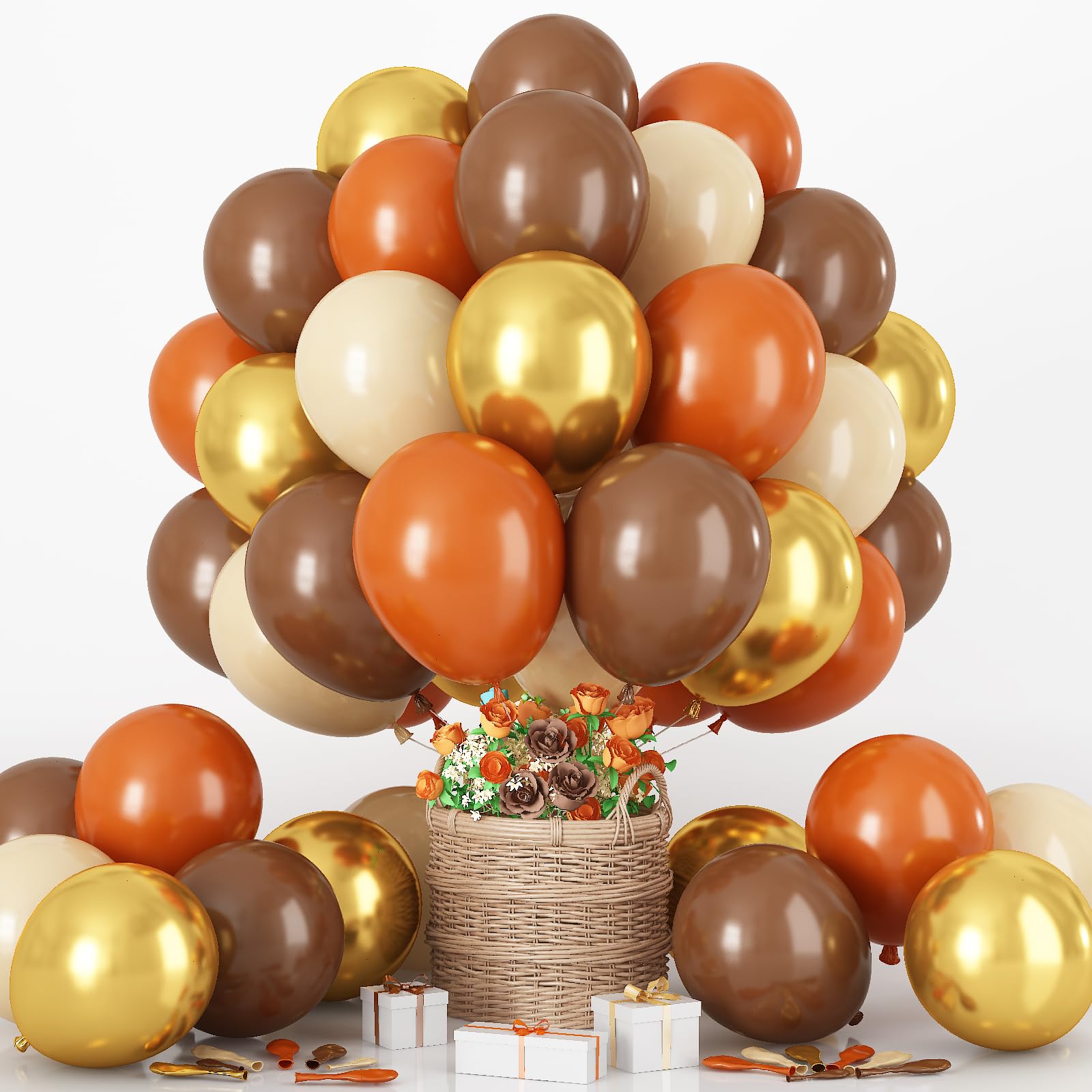 Orange Brown Balloons Set, 60Pcs 12 Inch Burnt Orange Tan Pastel Coffee Metallic Gold Retro Ivory White Cream Latex Balloons for Birthday Thanksgiving Fall Wedding Boho Bridal Shower Party Decorations