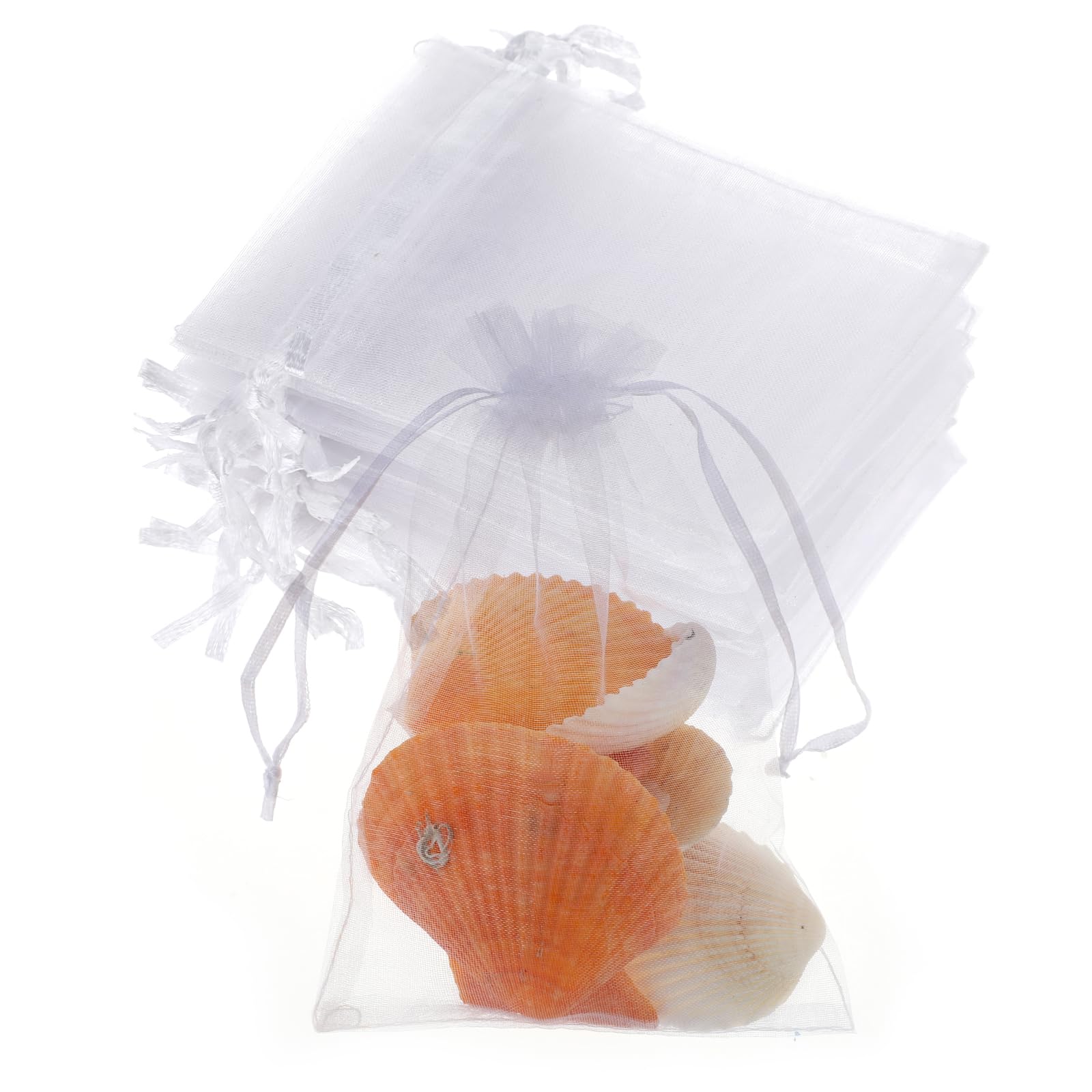 50 Piece Organza Bags 4X6" White Small Mesh Bags Drawstring, Sheer Sachet Pouch Favor Mesh Gift Bags for Valentines Wedding Eid Mubarak Halloween Eve Christmas New Year Party Candy Fruit Wrap Bulk