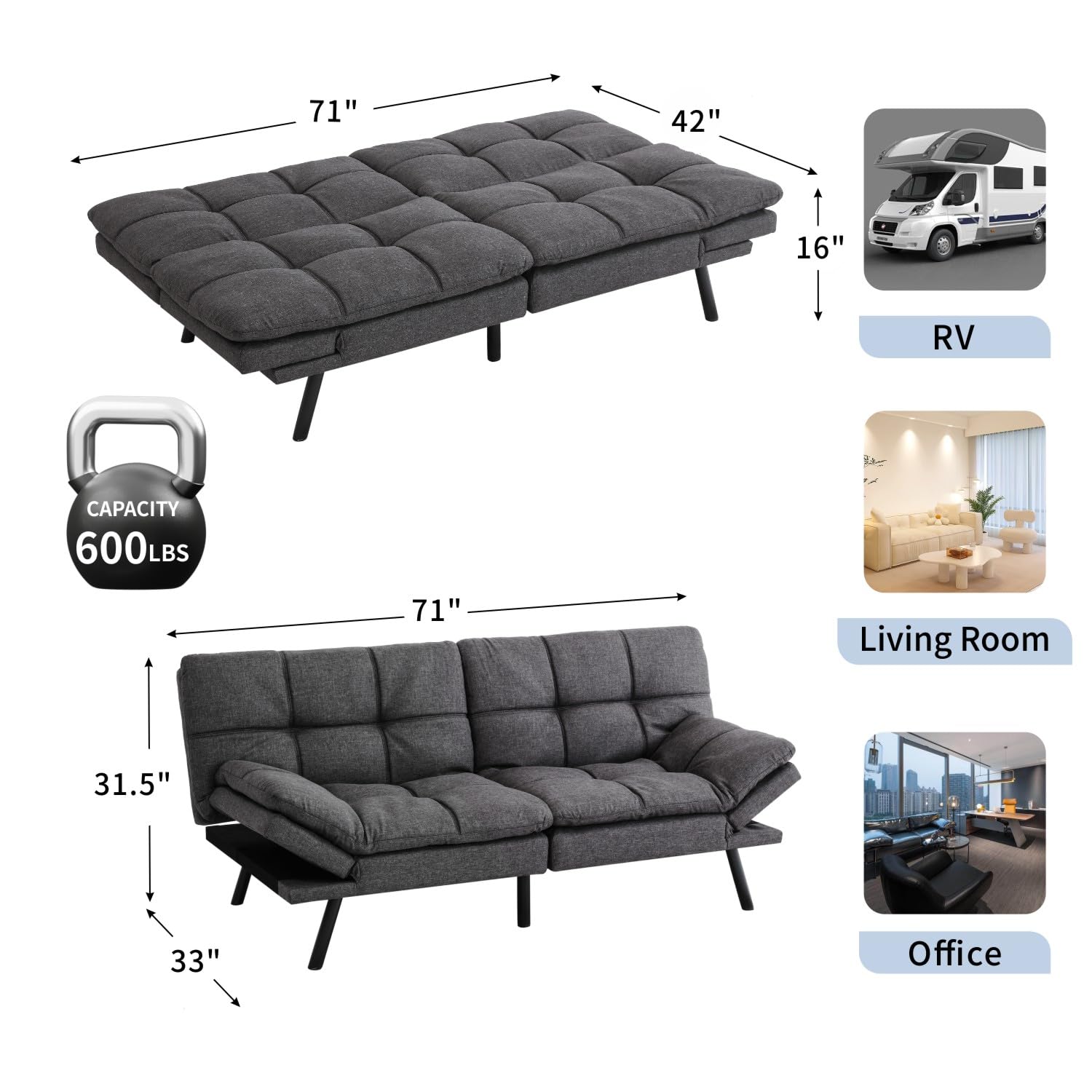 MUUEGM Futon Sofa Bed Couch Memory Foam Futon Bed Convertible Sofa Sleeper,Modern Love seat Splitback Sofa for Living Room,Office,Small Space,Apartment,Adjustable Backrests Armrests,71",Dark Grey