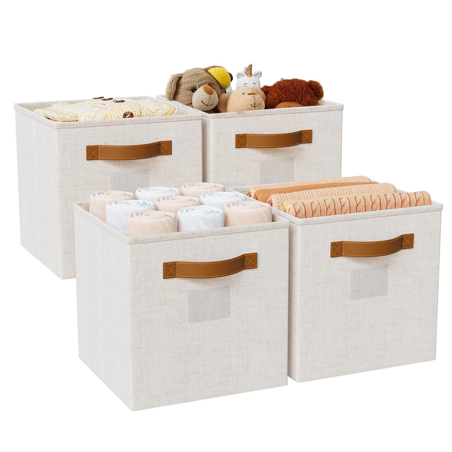 13"x13" Cube Boxes, Cube Storage Bins with Handles for Closet,Foldable Linen Storage Bins with Handles for Clothes, Yarns, Towels, Blankets,Toys, Beige, 4 Pack