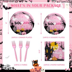 Fiesec Happy Boo Day Party Supplies Tableware Set, Pink Halloween Party Decorations for Girl, Trick or Treat Pumpkin Ghost Face Plates, Napkins, Forks, Serves 24 Guests