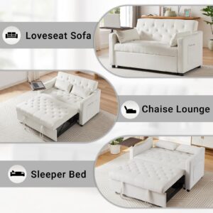 Skepphlay 3 in 1 Convertible Sofa, Sleeper Loveseat with Side Table, Pull Out Couch, 3-Level Adjustable Backrest, Recliner with 2 Pockets and 2 Pillows for Living Room Apartment Office, White