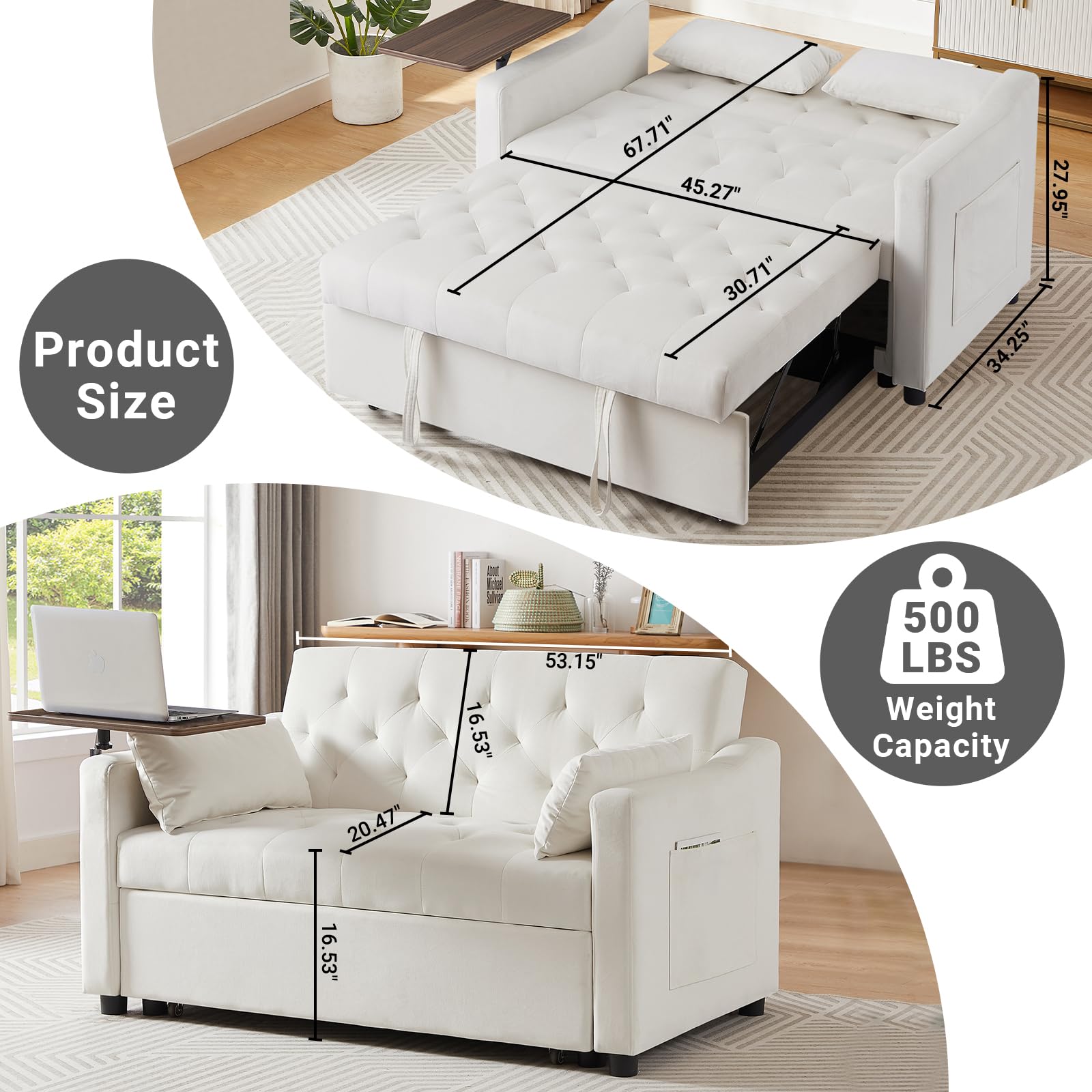 Skepphlay 3 in 1 Convertible Sofa, Sleeper Loveseat with Side Table, Pull Out Couch, 3-Level Adjustable Backrest, Recliner with 2 Pockets and 2 Pillows for Living Room Apartment Office, White