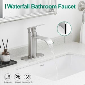 VOTON Brushed Nickel Bathroom Faucets, Single Handle Bathroom Sink Faucet Modern Waterfall Bathroom Faucet 1 or 3 Holes with Deck Plate, Rv Camper Farmhouse Utility Remodel Mixer Tap Washbasin Faucet