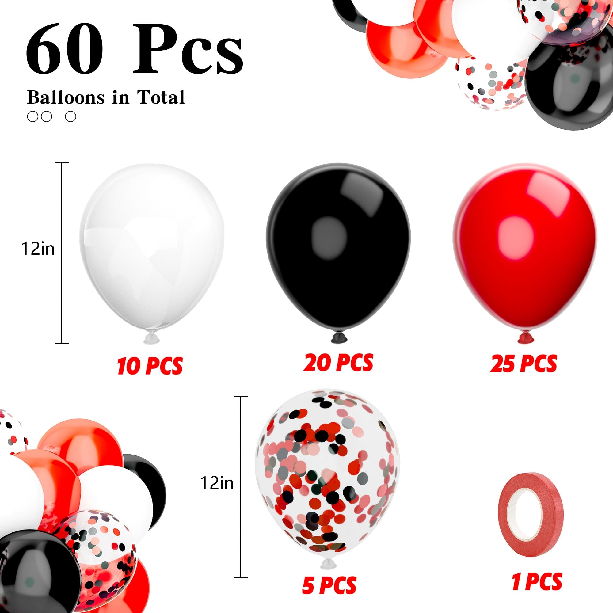 Red and Black Balloons 60 Pcs 12 inch Matte Black Red and White Latex Balloon Confetti Party Balloons for Ghostface Scream Birthday LadyBug Party Graduation Decoration Pirate Cartoon Mouse Party Favor