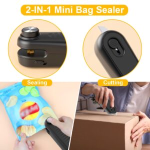 2 in 1 Mini Bag Sealer, Bag Sealer Heat Seal with Cutter, USB C Rechargeable Chip Bag Sealer Heat Seal, Portable Bag Resealer for Plastic Bags Snacks & Food Storage,Bright Black