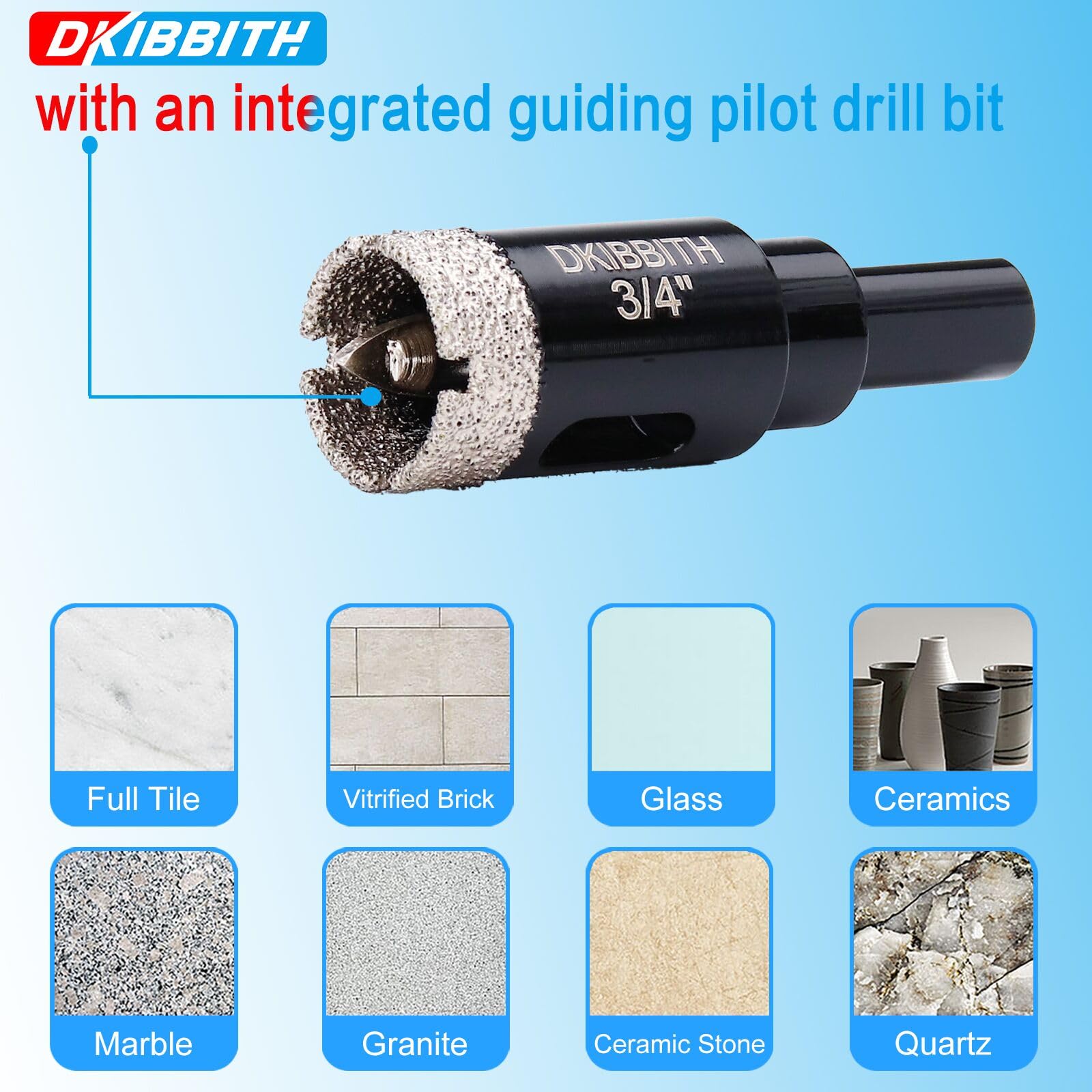 3/4" Diamond Hole-Saw Bits with Pilot Drill Bit - 2pc 3/4 inch Diamond Tipped Tile Hole Saws with Guiding Bit for Accurate Drilling, for Porcelain Tile Ceramic Pottery Granite Stone Glass Bottles 20mm