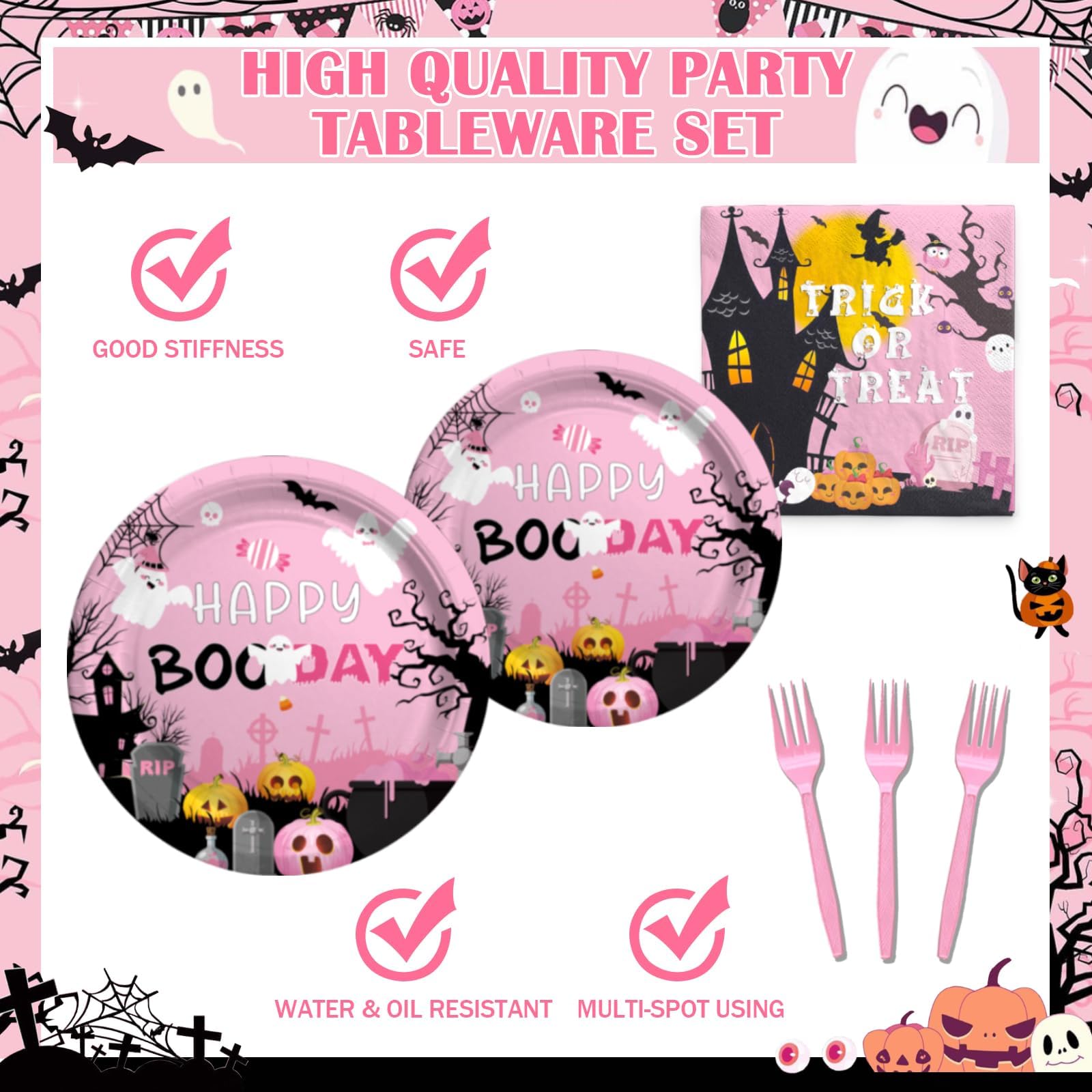 Fiesec Happy Boo Day Party Supplies Tableware Set, Pink Halloween Party Decorations for Girl, Trick or Treat Pumpkin Ghost Face Plates, Napkins, Forks, Serves 24 Guests