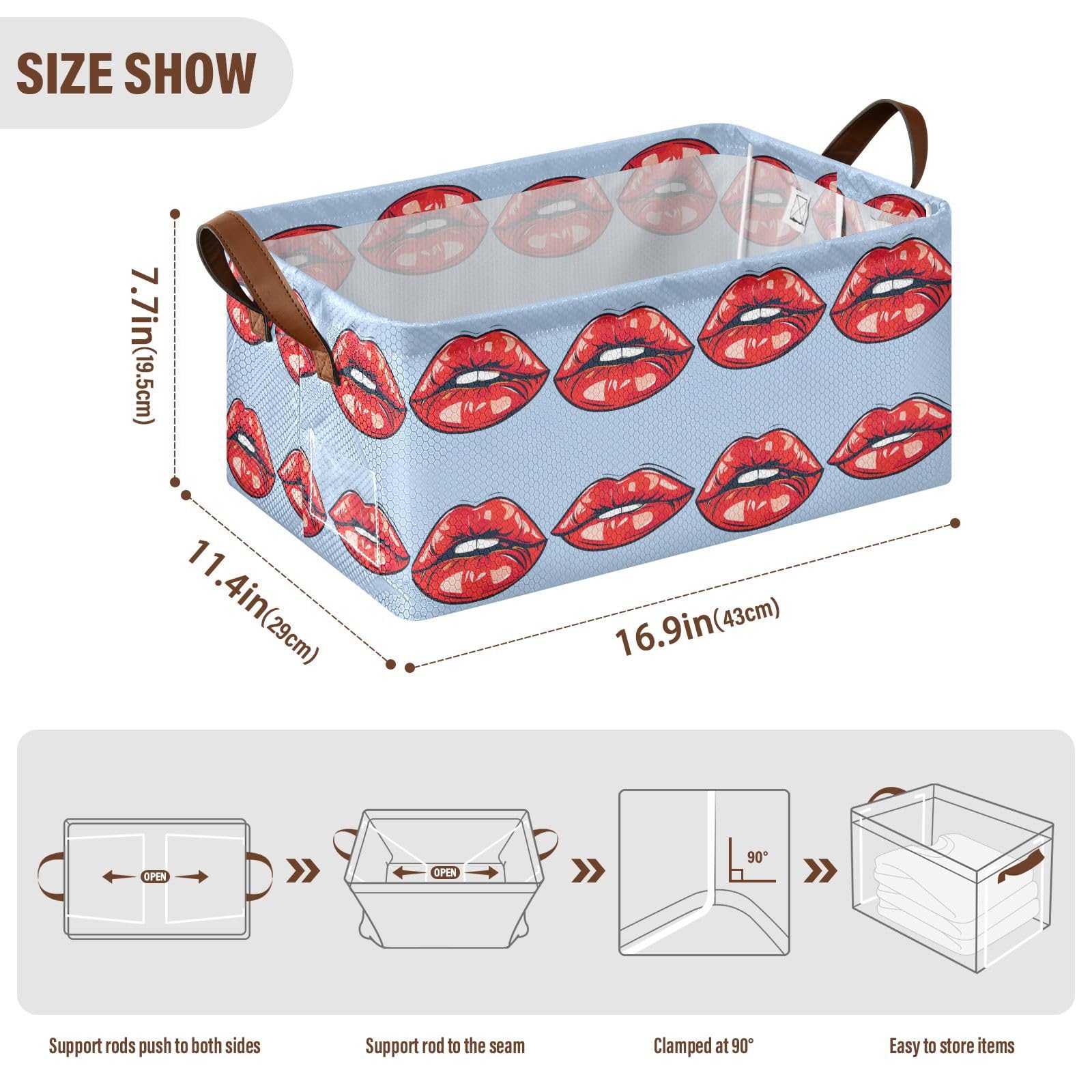 ALAZA Red Lips Fabric Storage Bins Collapsible Storage Cube Organizer Basket with Handles for Shelves Colset Wardrobe Organizition