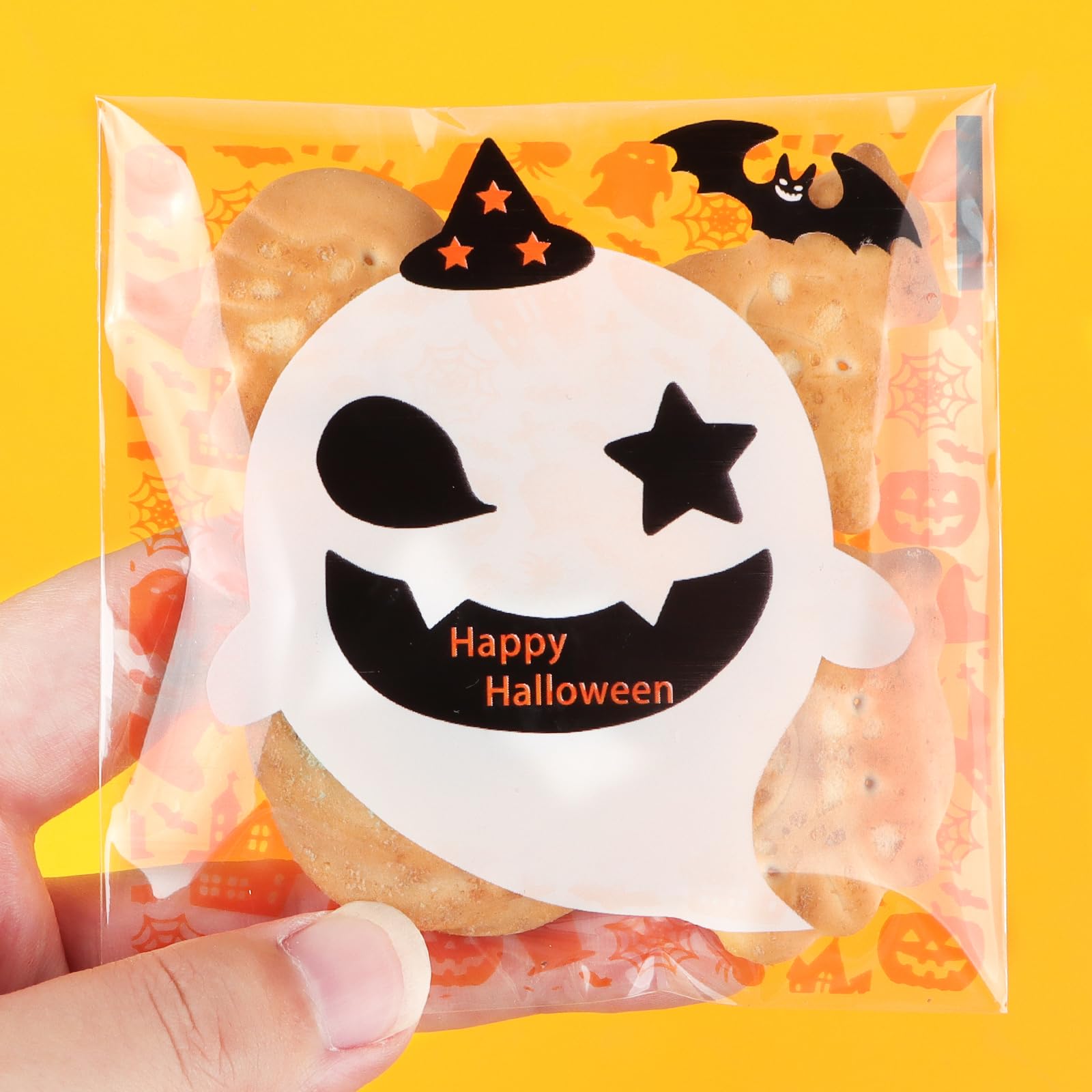 100pcs Halloween Cellophane Treat Bags Goodie Bags Self Adhesive Candy Bags Self Sealing Clear Cellophane Bags Trick or Treat Bags Bulk (Orange White)